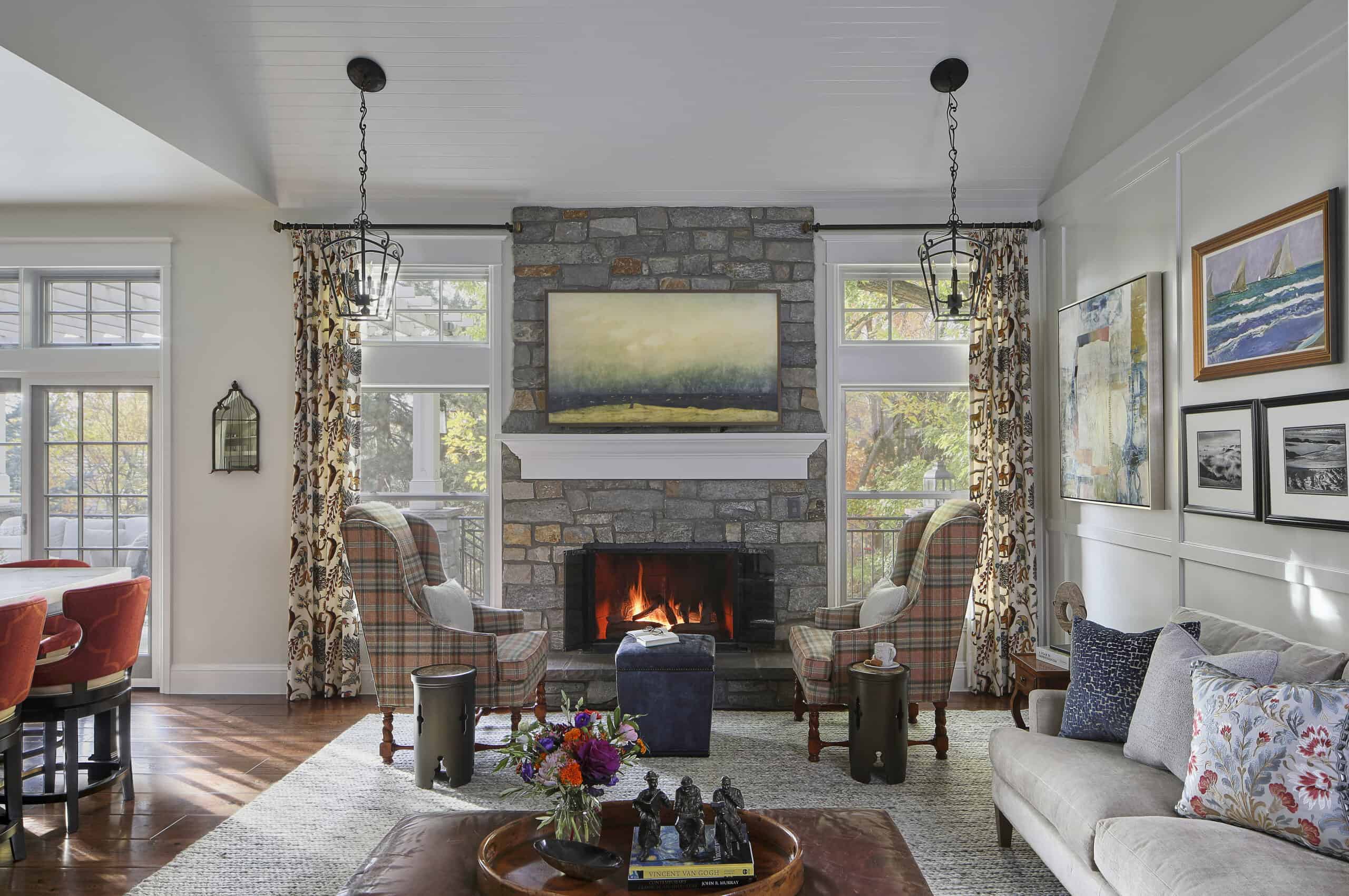 denver colorado interior designer living room fall design plaid fireplace