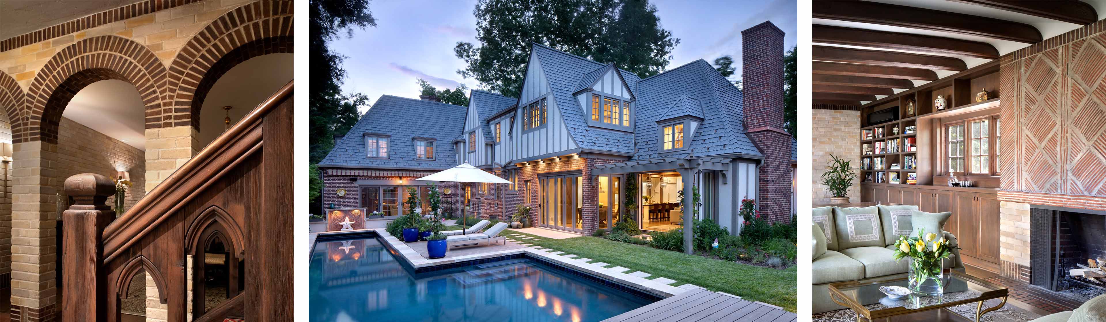 Custom home design collage featuring an arched brick staircase with carved wood banister, a luxury home exterior with pool and landscaped yard, and a traditional library with fireplace and built in bookshelves