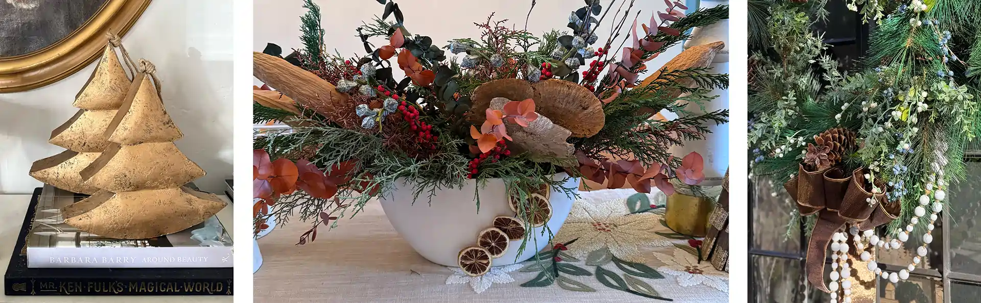 Holiday decor styling collage featuring a sculptural tabletop tree, a seasonal centerpiece, and a greenery wreath