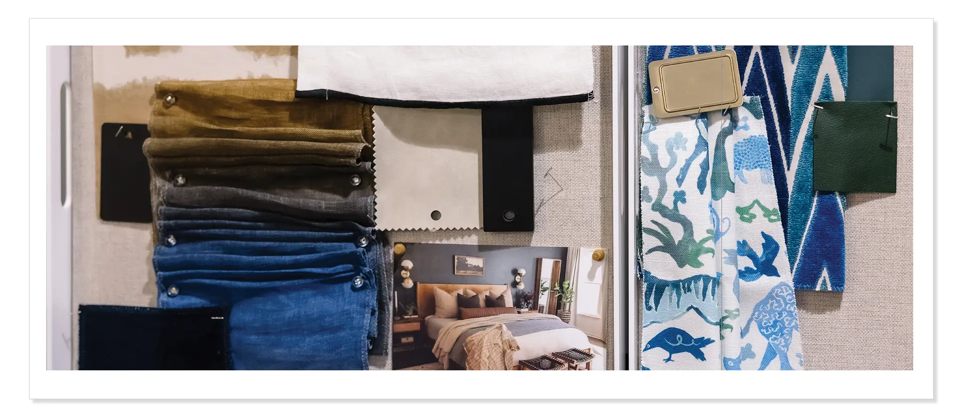 Interior design materials board with fabric samples and finish selections