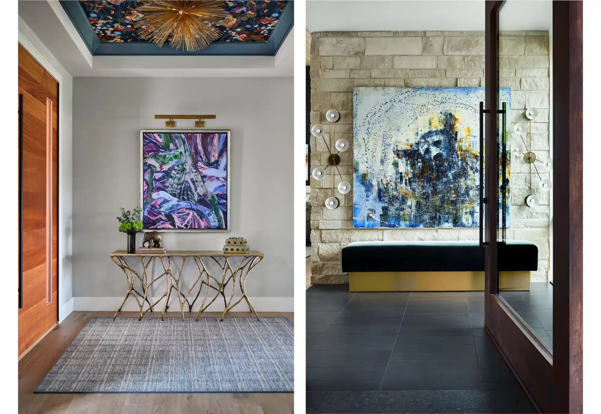 Luxury home entryway with sculptural console and layered artwork in a Denver residence